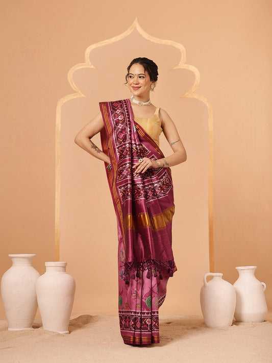 Paithani Saree Soft Twill Silk with Digital Print and Zari Work on Pallu & Border