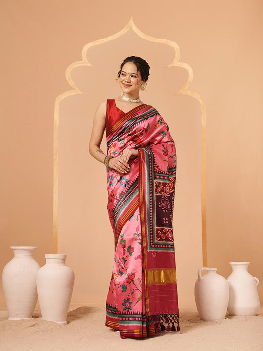 Paithani Saree Soft Twill Silk with Digital Print and Zari Work on Pallu & Border