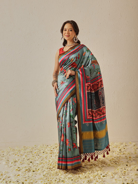 Paithani Saree Soft Twill Silk with Digital Print and Zari Work on Pallu & Border