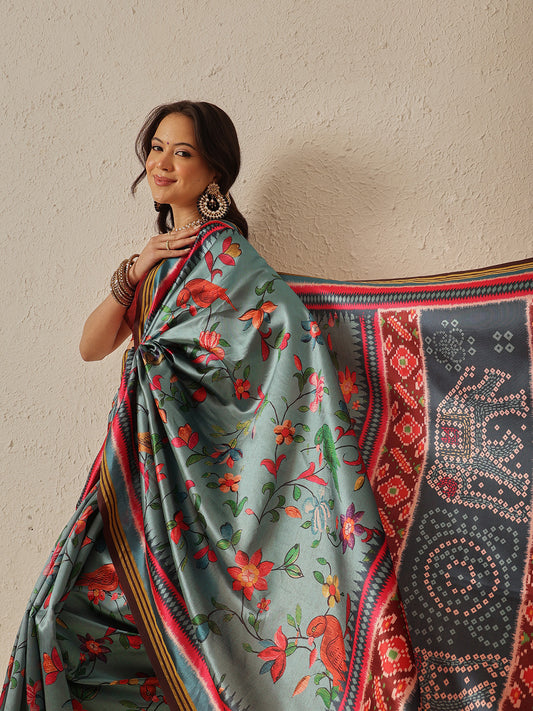 Paithani Saree Soft Twill Silk with Digital Print and Zari Work on Pallu & Border