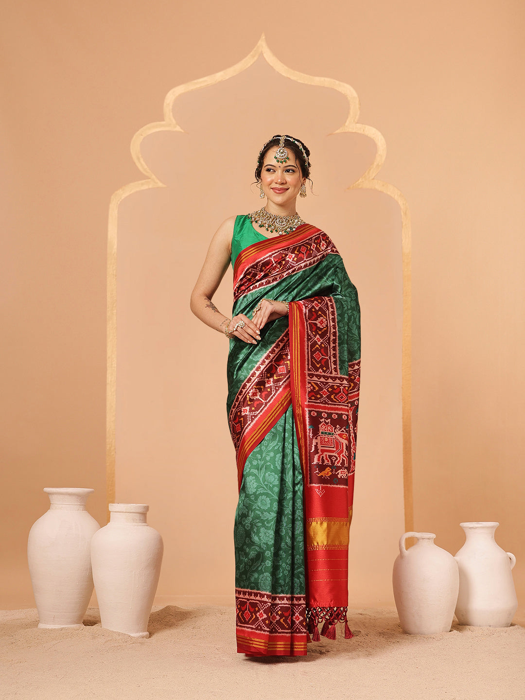 Double Ikkat Patola Printed Saree with Weaving Border & Pallu