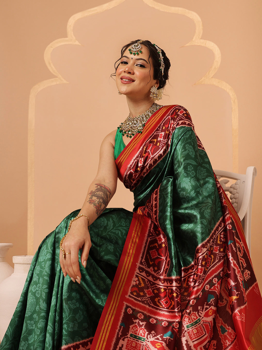 Double Ikkat Patola Printed Saree with Weaving Border & Pallu
