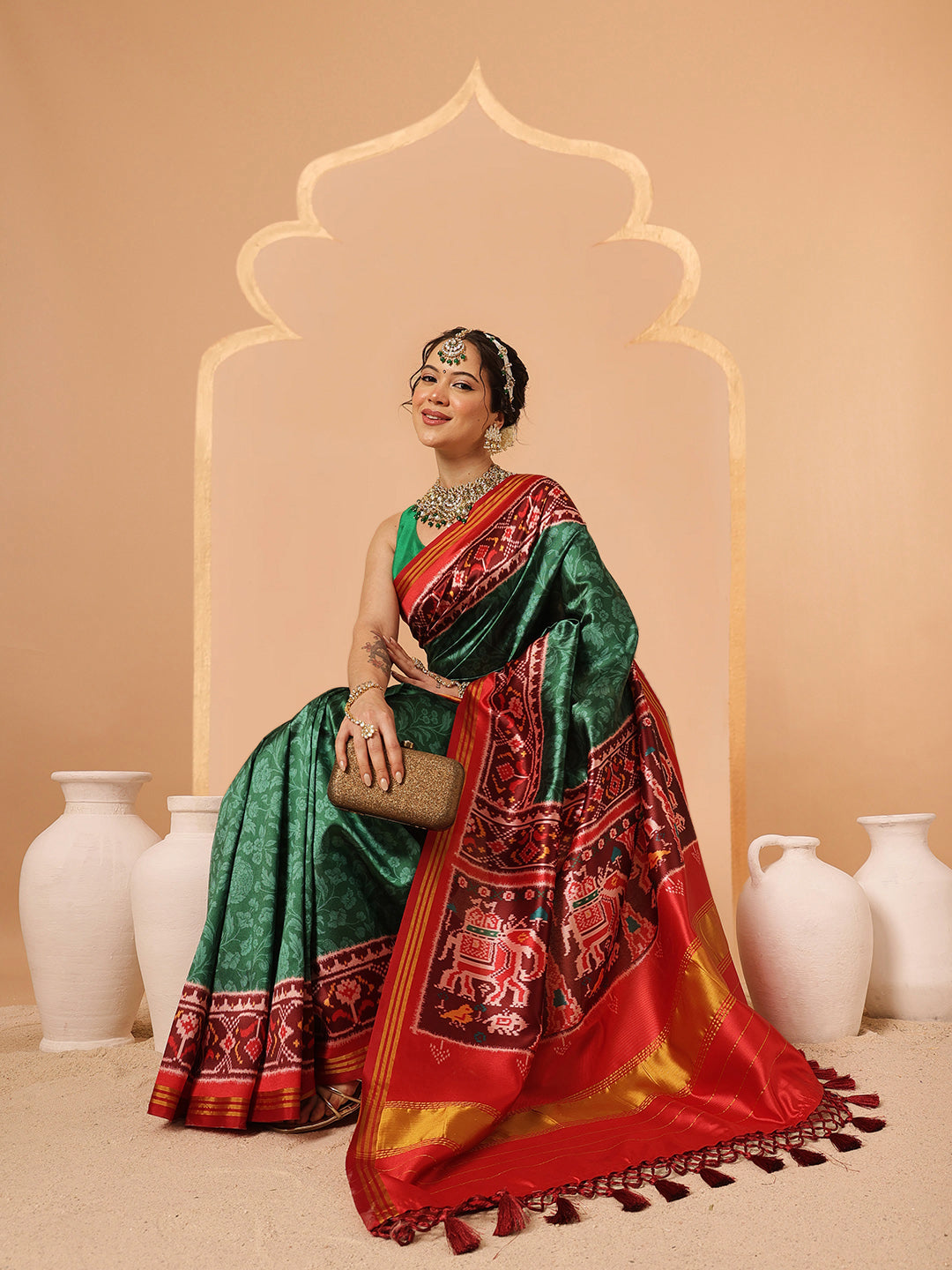 Double Ikkat Patola Printed Saree with Weaving Border & Pallu