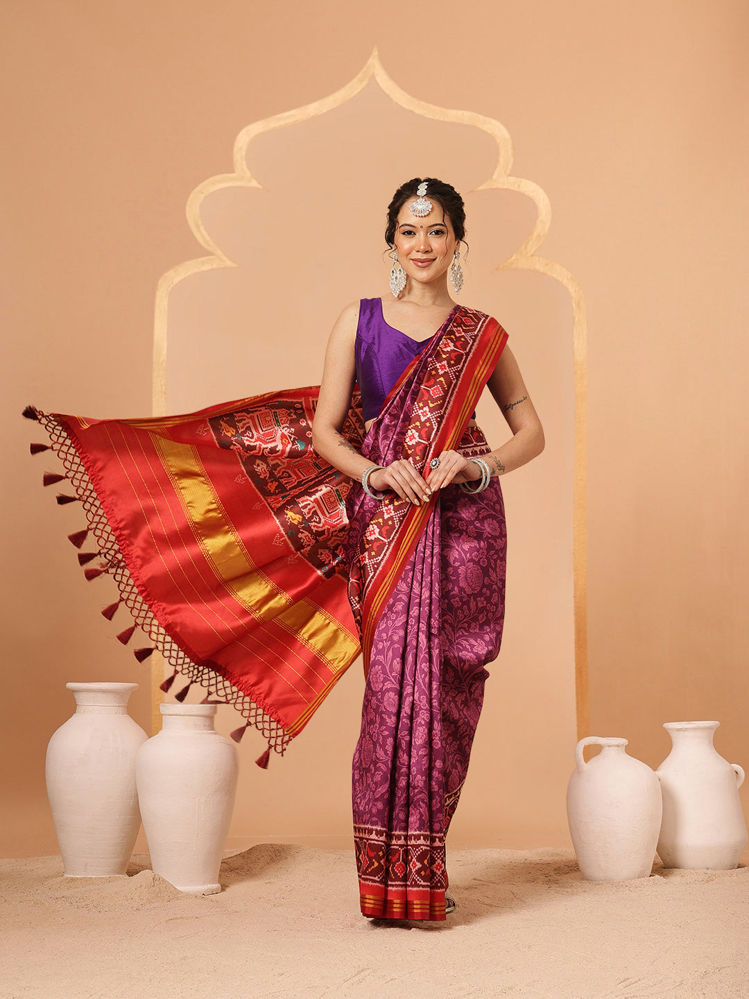Double Ikkat Patola Printed Saree with Weaving Border & Pallu