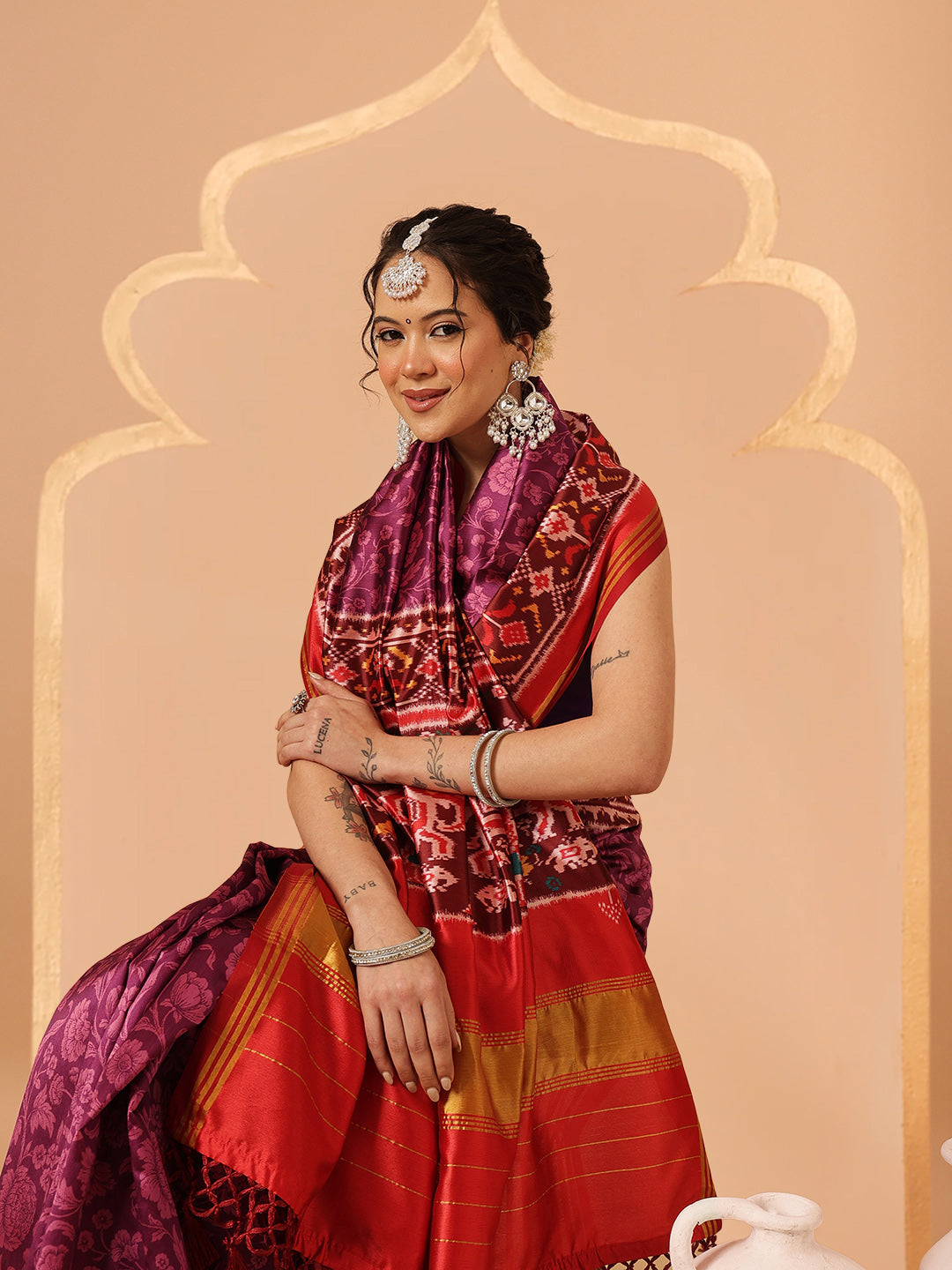 Double Ikkat Patola Printed Saree with Weaving Border & Pallu