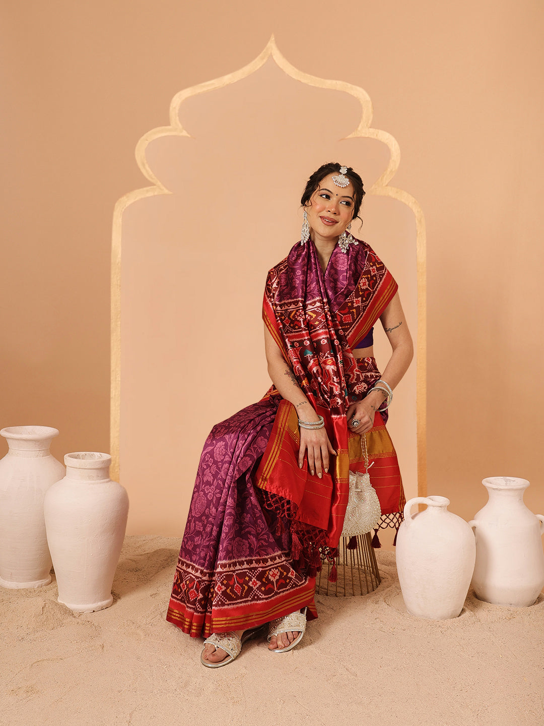 Double Ikkat Patola Printed Saree with Weaving Border & Pallu