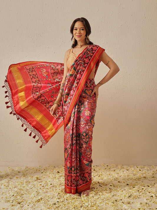 Double Ikkat Patola Printed Saree with Weaving Border & Pallu