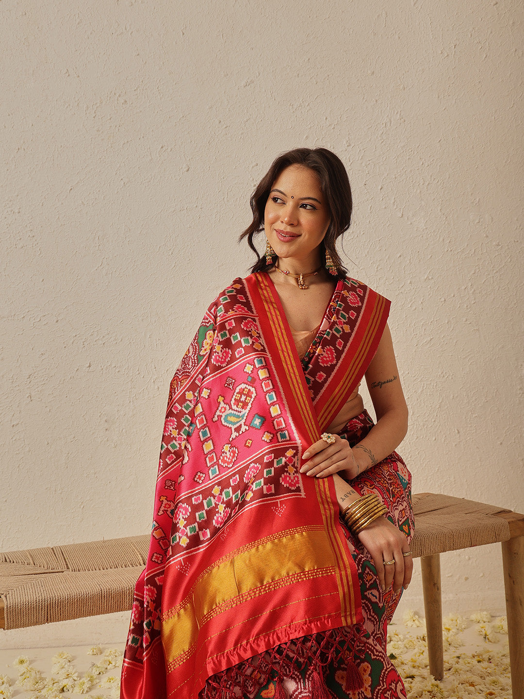 Double Ikkat Patola Printed Saree with Weaving Border & Pallu