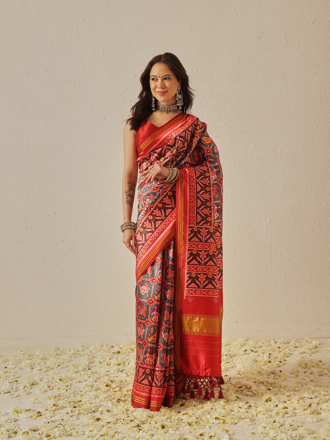 Double Ikkat Patola Printed Saree with Weaving Border & Pallu