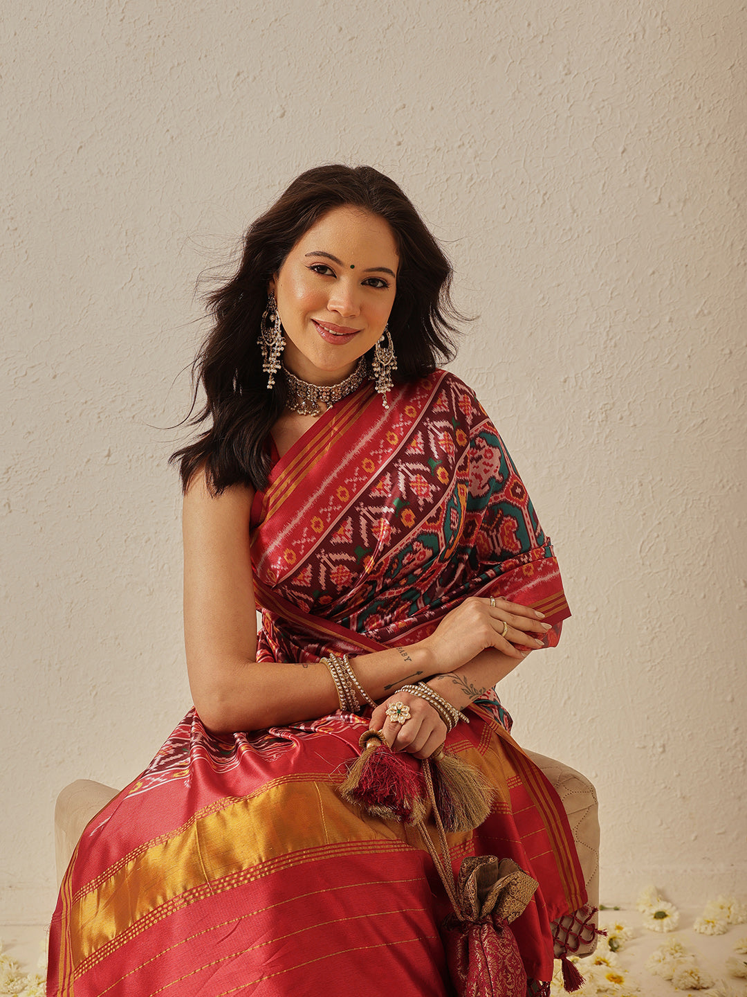 Double Ikkat Patola Printed Saree with Weaving Border & Pallu