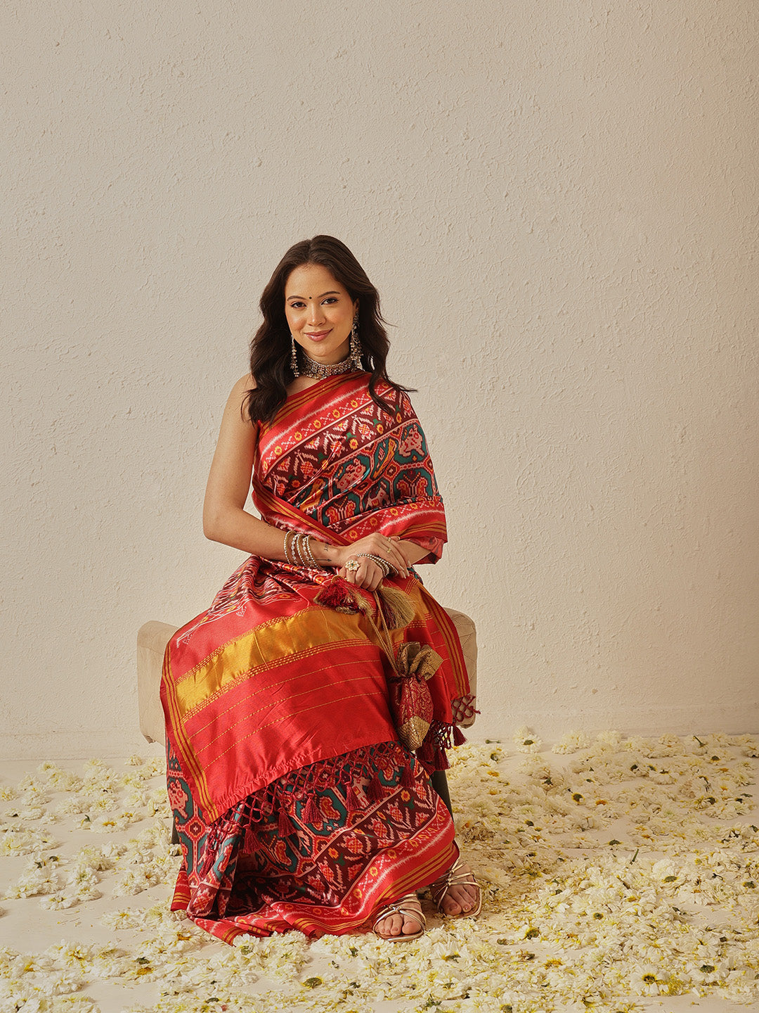 Double Ikkat Patola Printed Saree with Weaving Border & Pallu