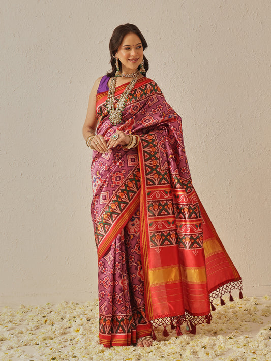 Double Ikkat Patola Printed Saree with Weaving Border & Pallu