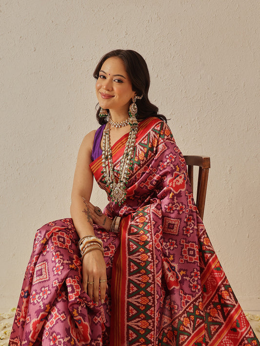 Double Ikkat Patola Printed Saree with Weaving Border & Pallu
