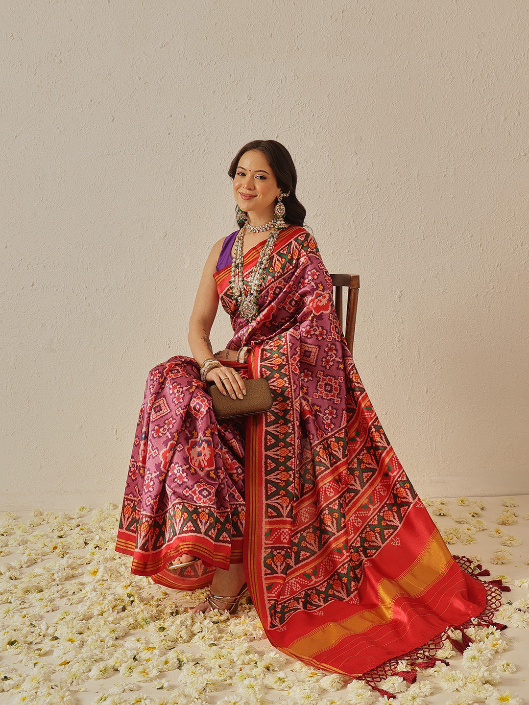 Double Ikkat Patola Printed Saree with Weaving Border & Pallu