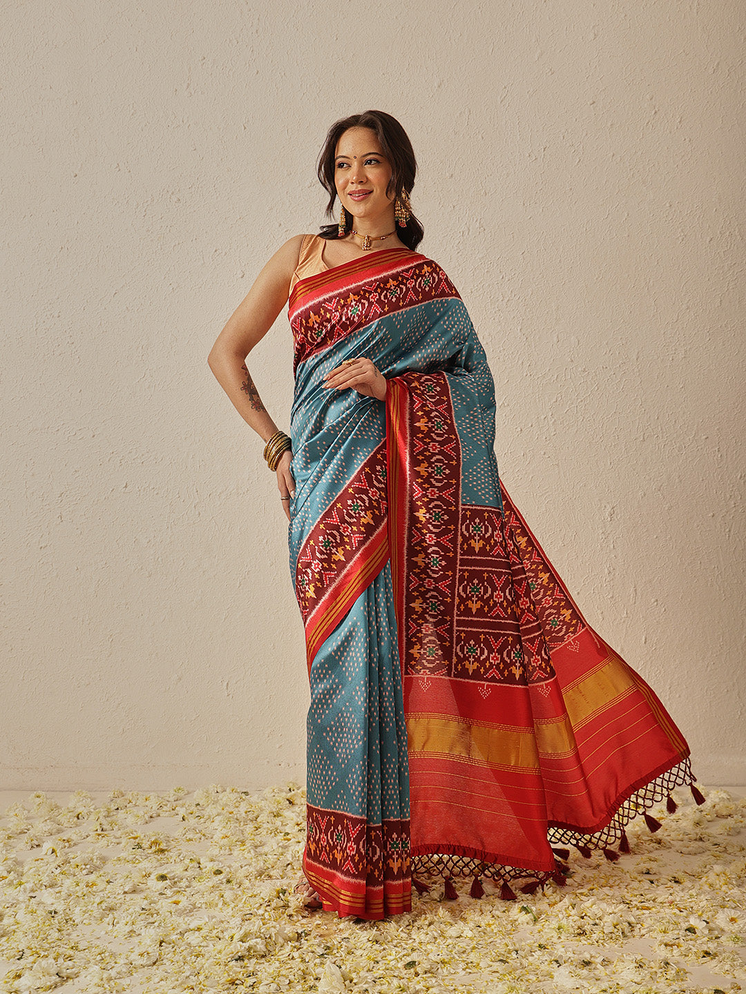 Double Ikkat Patola Printed Saree with Weaving Border & Pallu