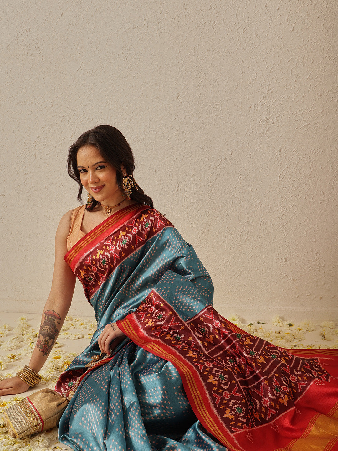 Double Ikkat Patola Printed Saree with Weaving Border & Pallu