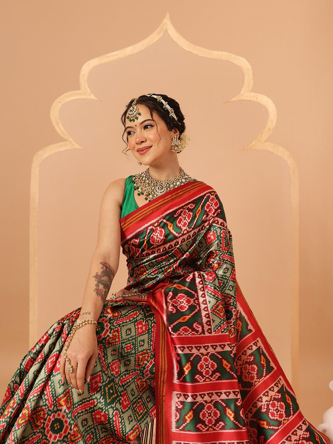 Double Ikkat Patola Printed Saree with Weaving Border & Pallu