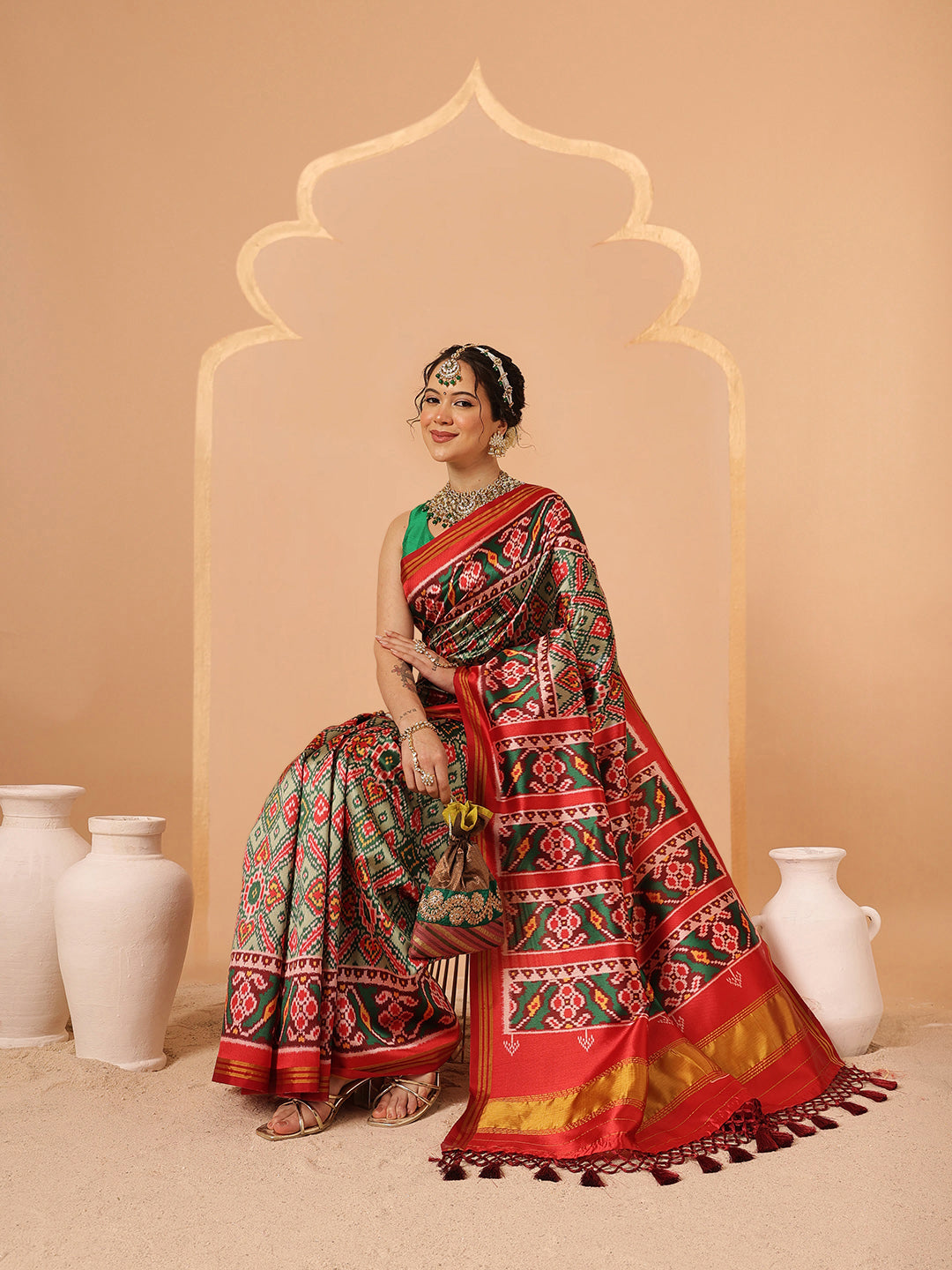 Double Ikkat Patola Printed Saree with Weaving Border & Pallu