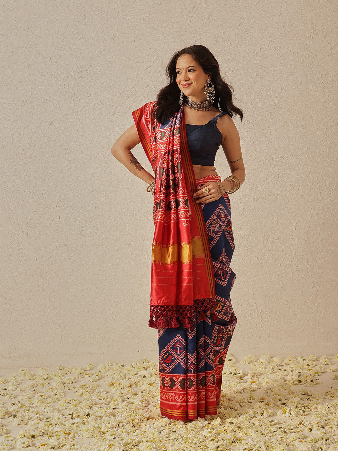 Double Ikkat Patola Printed Saree with Weaving Border & Pallu