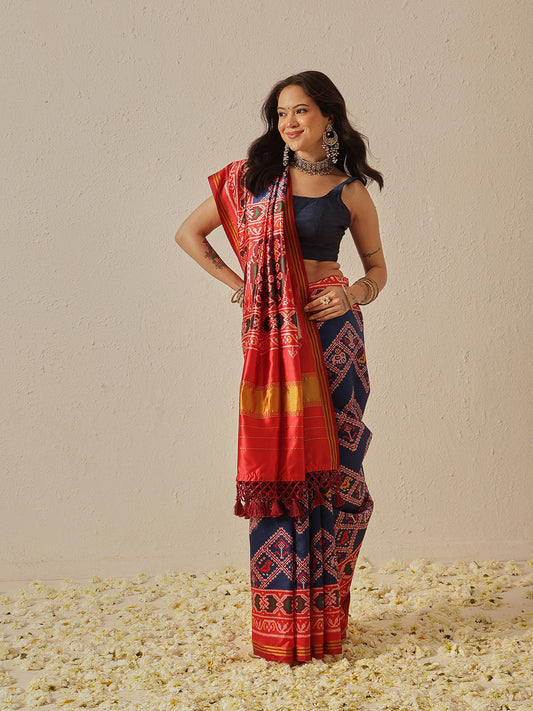 Double Ikkat Patola Printed Saree with Weaving Border & Pallu