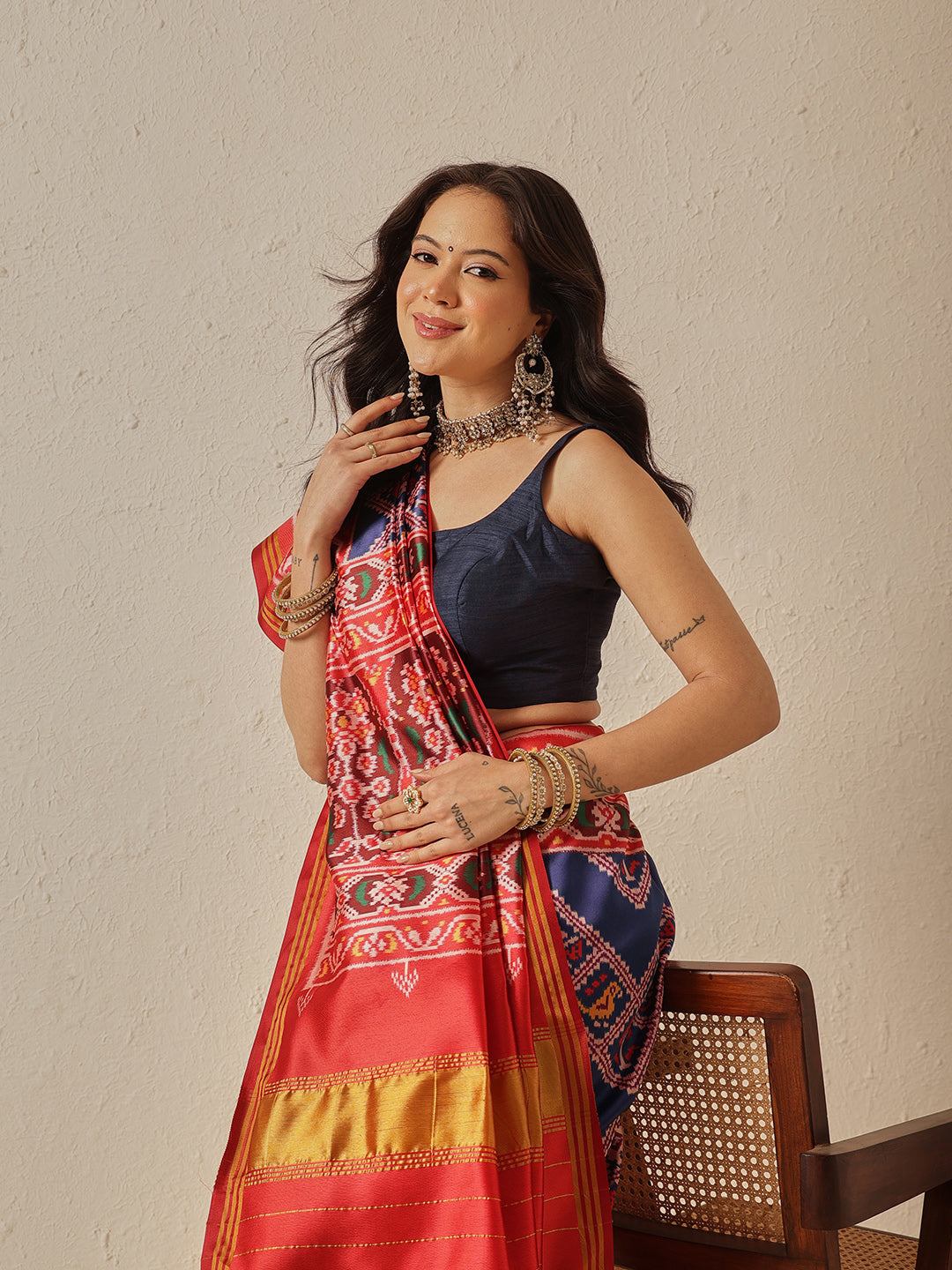Double Ikkat Patola Printed Saree with Weaving Border & Pallu