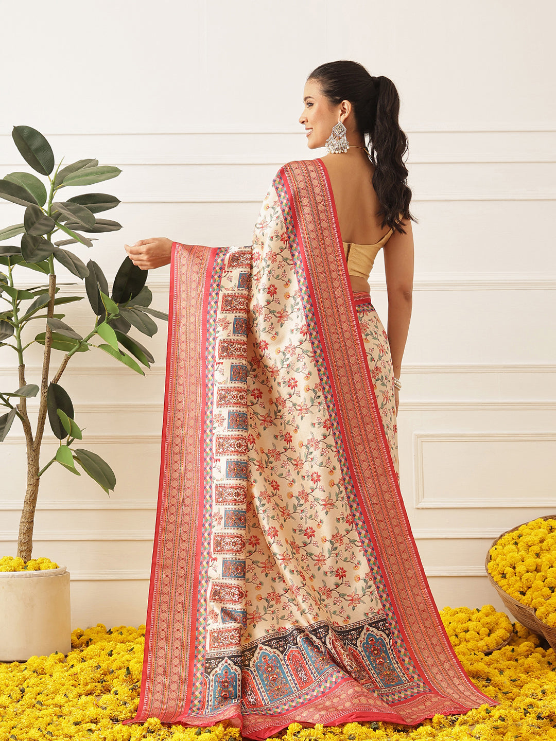 Women's Soft Tusser Silk Digital Printed Viscous Jacquard Border Patola Sarees