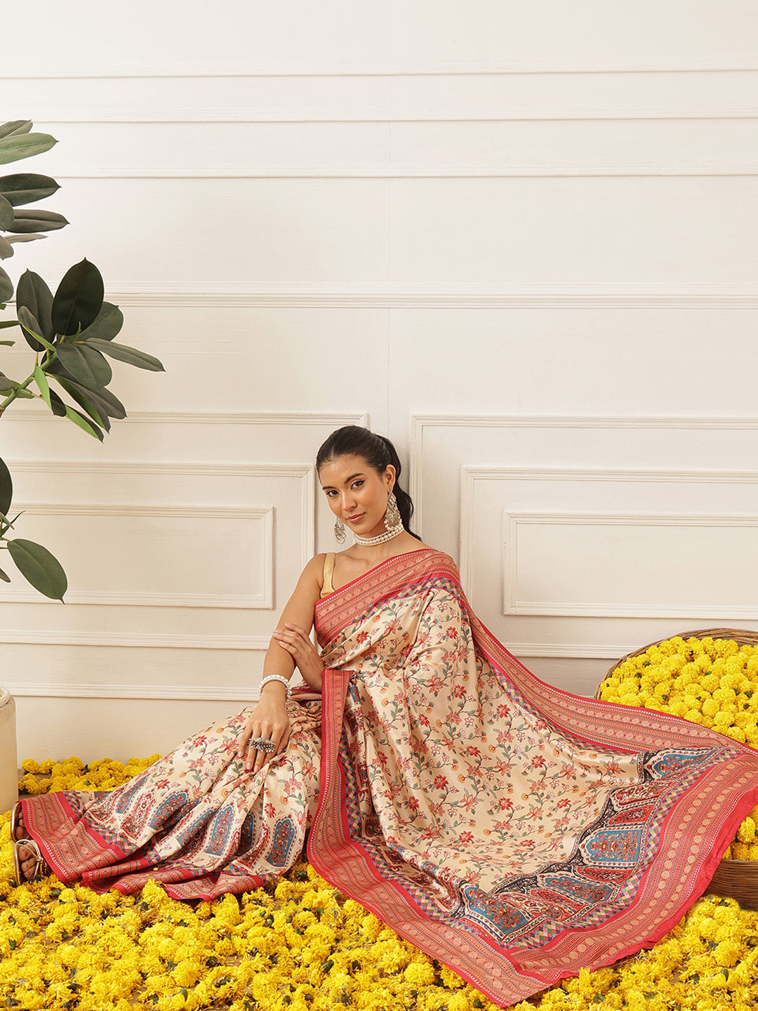 Women's Soft Tusser Silk Digital Printed Viscous Jacquard Border Patola Sarees