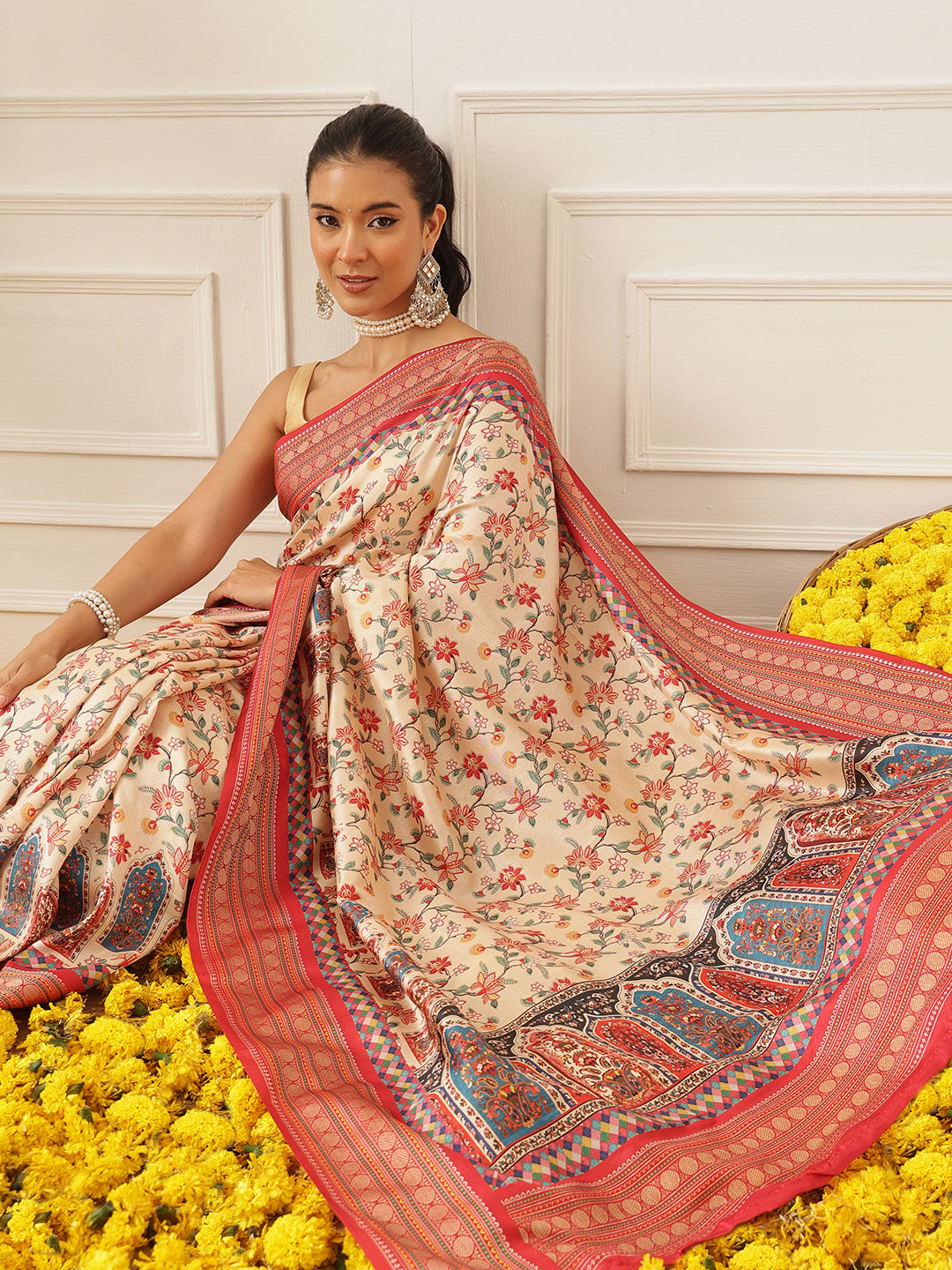 Women's Soft Tusser Silk Digital Printed Viscous Jacquard Border Patola Sarees