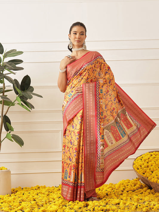 Women's Soft Tusser Silk Digital Printed Viscous Jacquard Border Patola Sarees