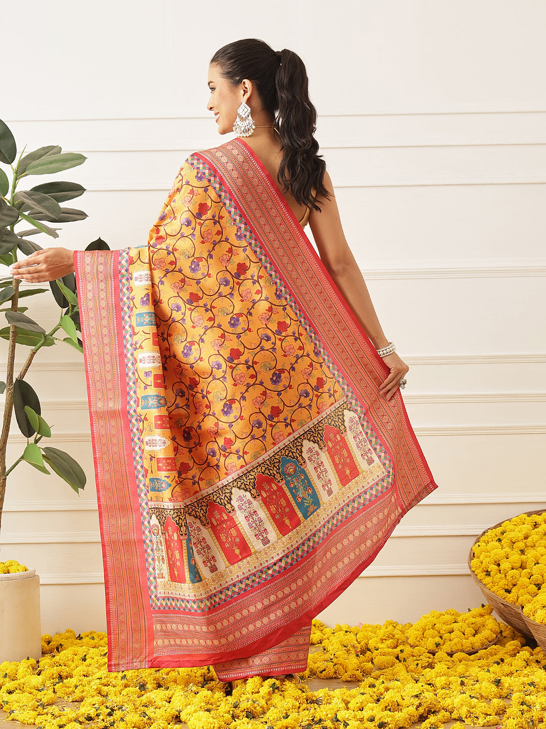 Women's Soft Tusser Silk Digital Printed Viscous Jacquard Border Patola Sarees