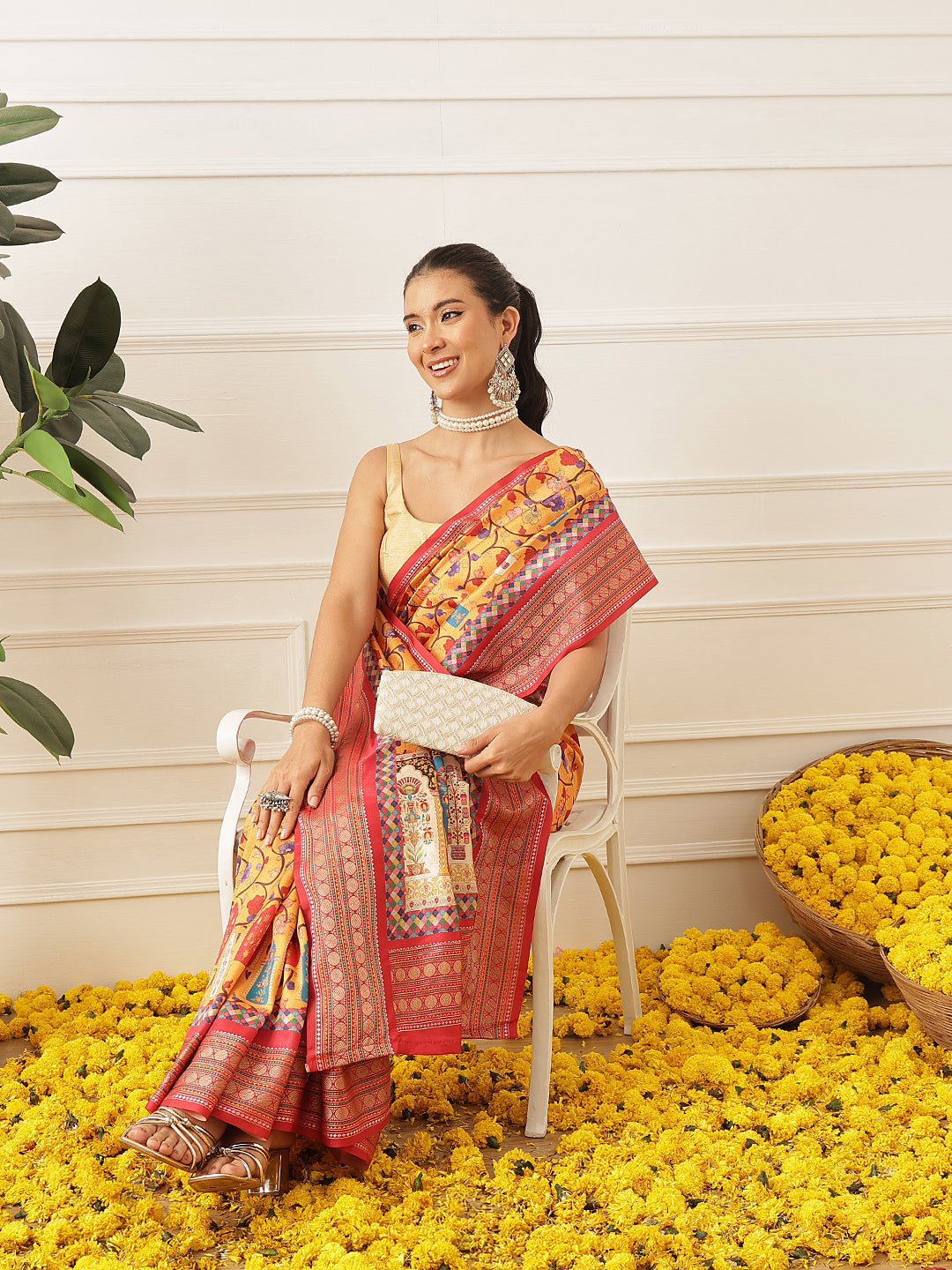 Women's Soft Tusser Silk Digital Printed Viscous Jacquard Border Patola Sarees