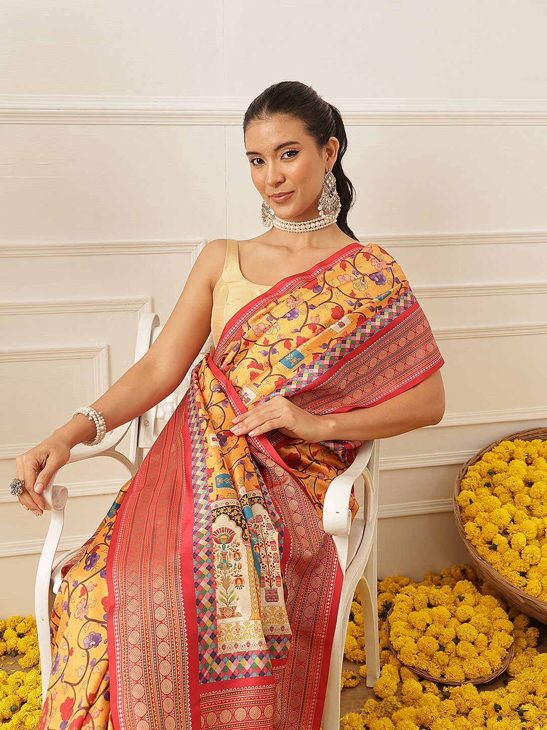 Women's Soft Tusser Silk Digital Printed Viscous Jacquard Border Patola Sarees
