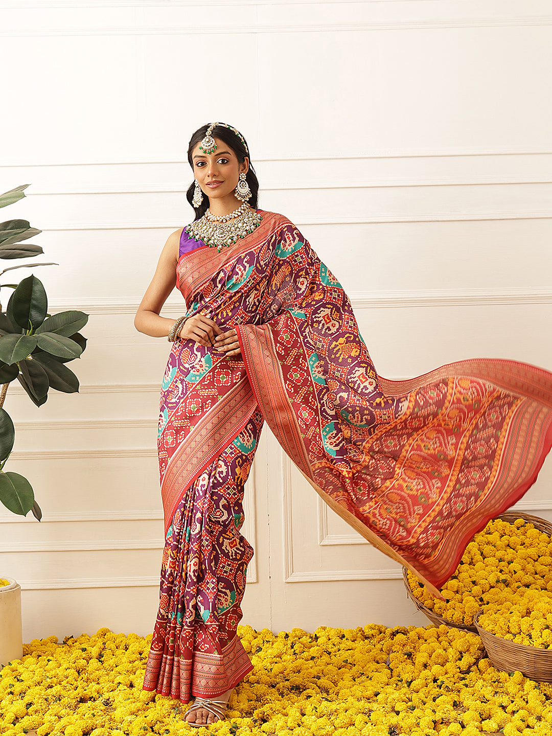 Women's Soft Tusser Silk Digital Printed Viscous Jacquard Border Patola Sarees
