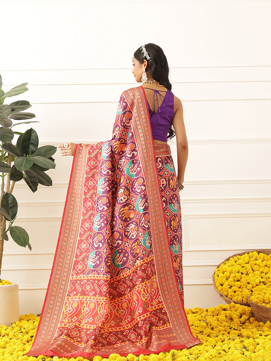 Women's Soft Tusser Silk Digital Printed Viscous Jacquard Border Patola Sarees