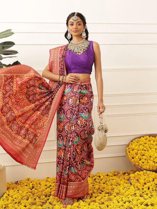 Women's Soft Tusser Silk Digital Printed Viscous Jacquard Border Patola Sarees