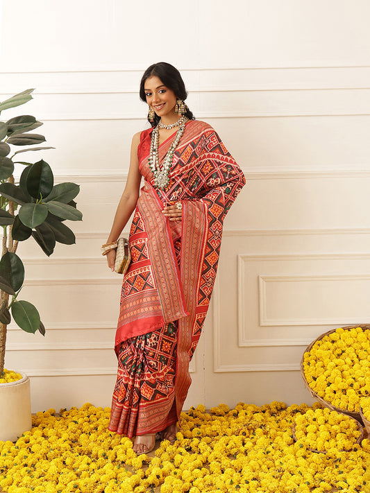 Women's Soft Tusser Silk Digital Printed Viscous Jacquard Border Patola Sarees