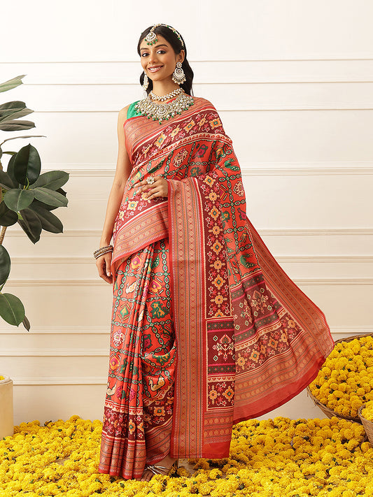 Women's Soft Tusser Silk Digital Printed Viscous Jacquard Border Patola Sarees