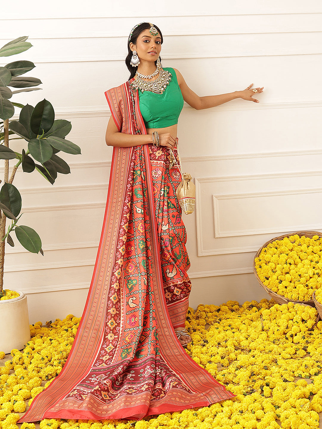 Women's Soft Tusser Silk Digital Printed Viscous Jacquard Border Patola Sarees