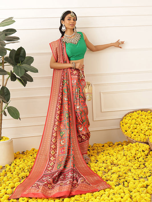 Women's Soft Tusser Silk Digital Printed Viscous Jacquard Border Patola Sarees