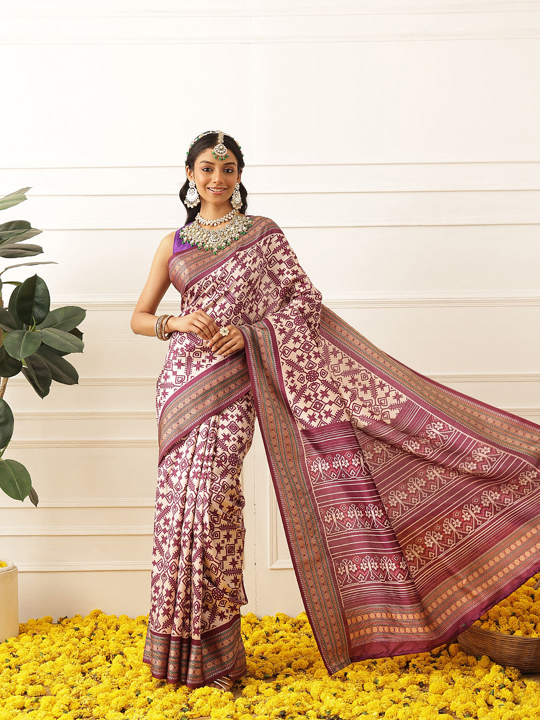 Women's Soft Tusser Silk Digital Printed Viscous Jacquard Border Patola Sarees