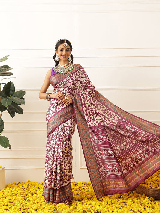 Women's Soft Tusser Silk Digital Printed Viscous Jacquard Border Patola Sarees