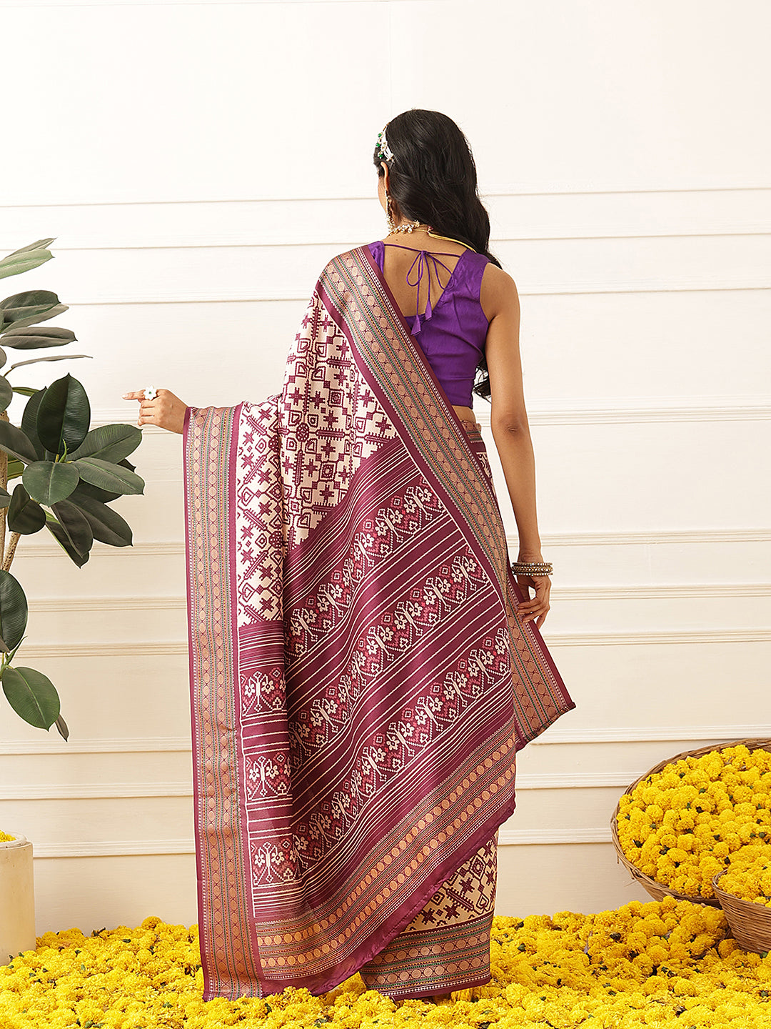 Women's Soft Tusser Silk Digital Printed Viscous Jacquard Border Patola Sarees