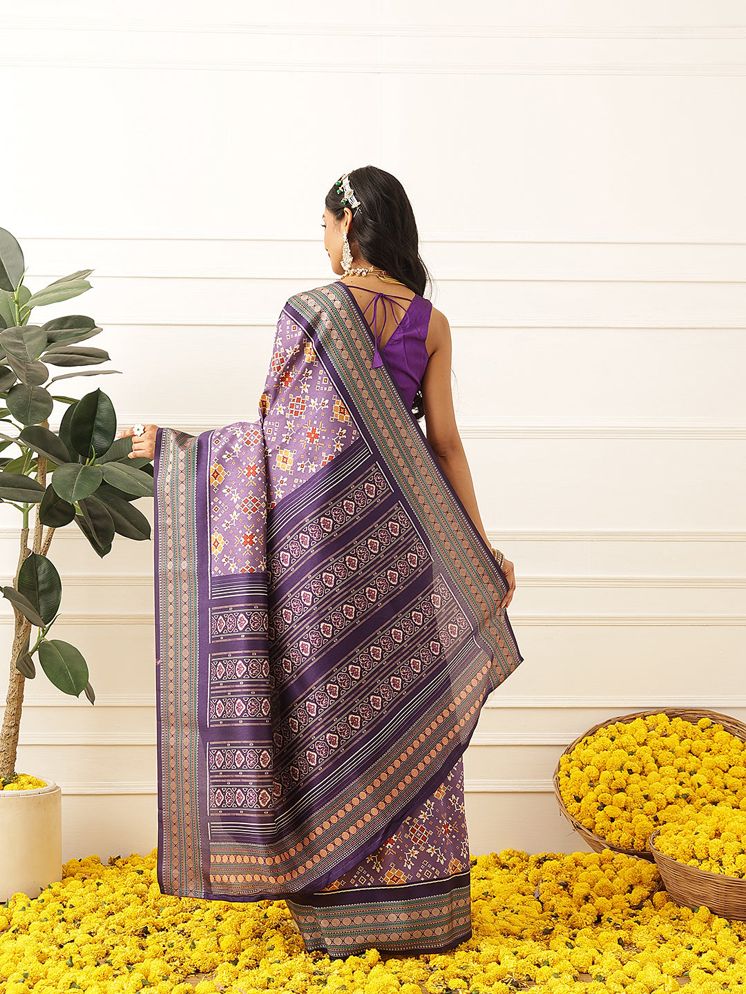 Women's Soft Tusser Silk Digital Printed Viscous Jacquard Border Patola Sarees