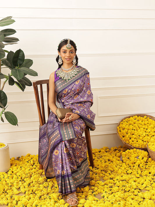 Women's Soft Tusser Silk Digital Printed Viscous Jacquard Border Patola Sarees
