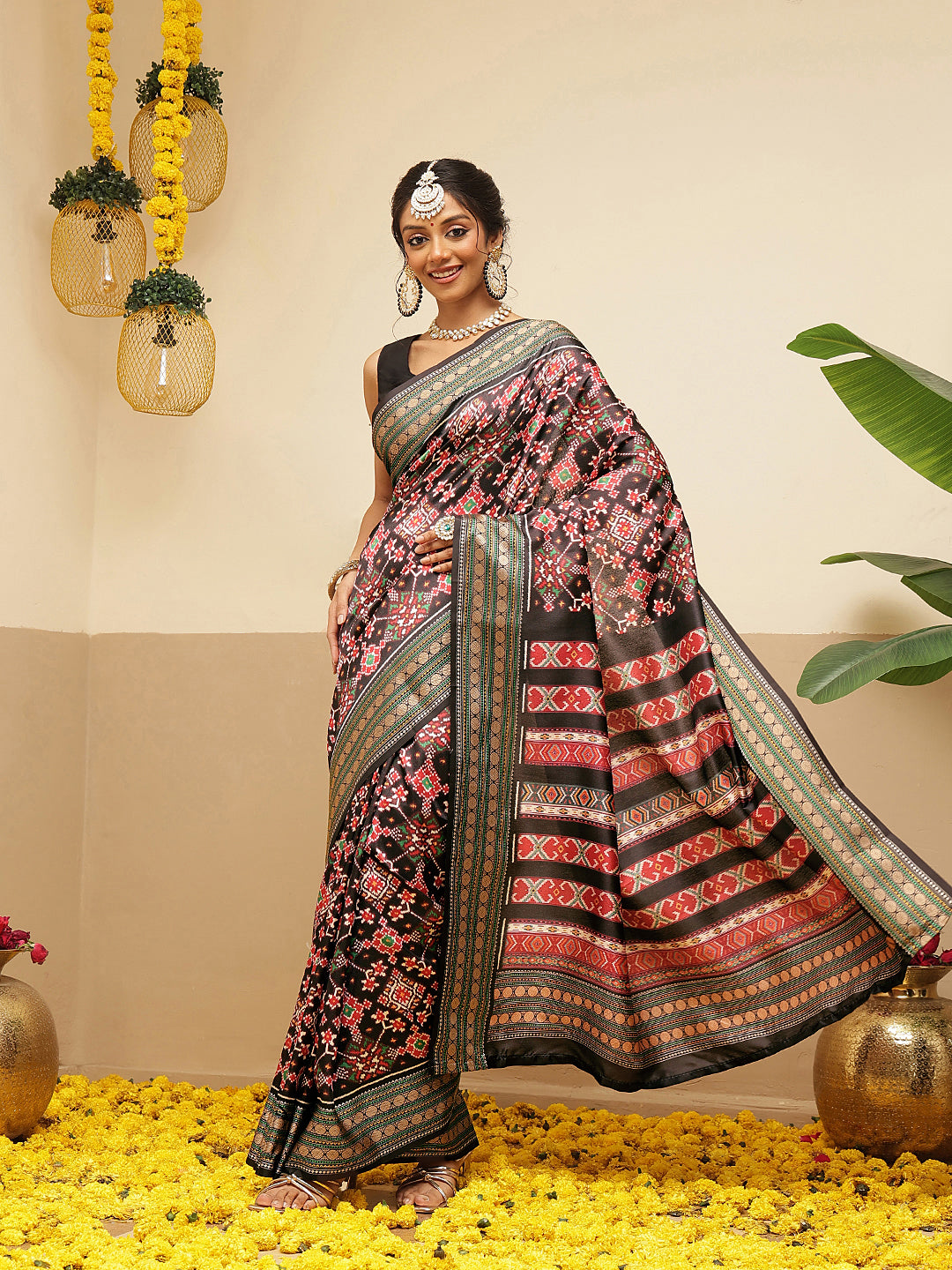 Women's Soft Tusser Silk Digital Printed Viscous Jacquard Border Patola Sarees