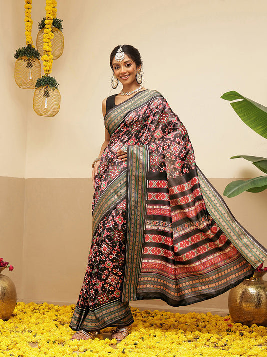Women's Soft Tusser Silk Digital Printed Viscous Jacquard Border Patola Sarees
