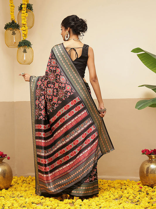 Women's Soft Tusser Silk Digital Printed Viscous Jacquard Border Patola Sarees