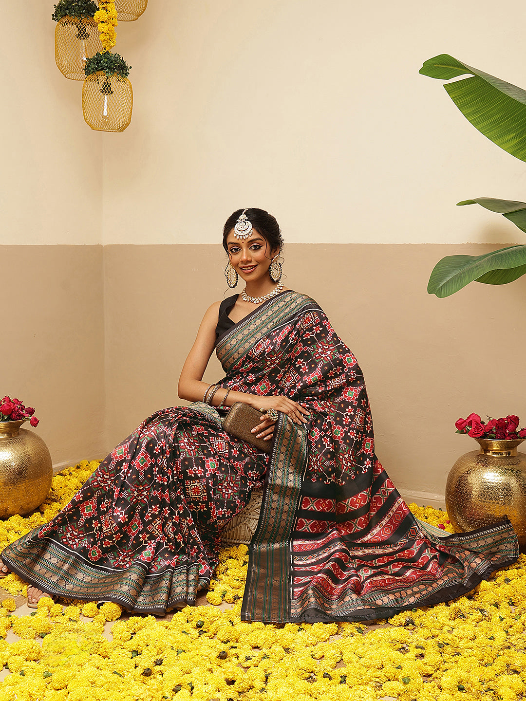Women's Soft Tusser Silk Digital Printed Viscous Jacquard Border Patola Sarees