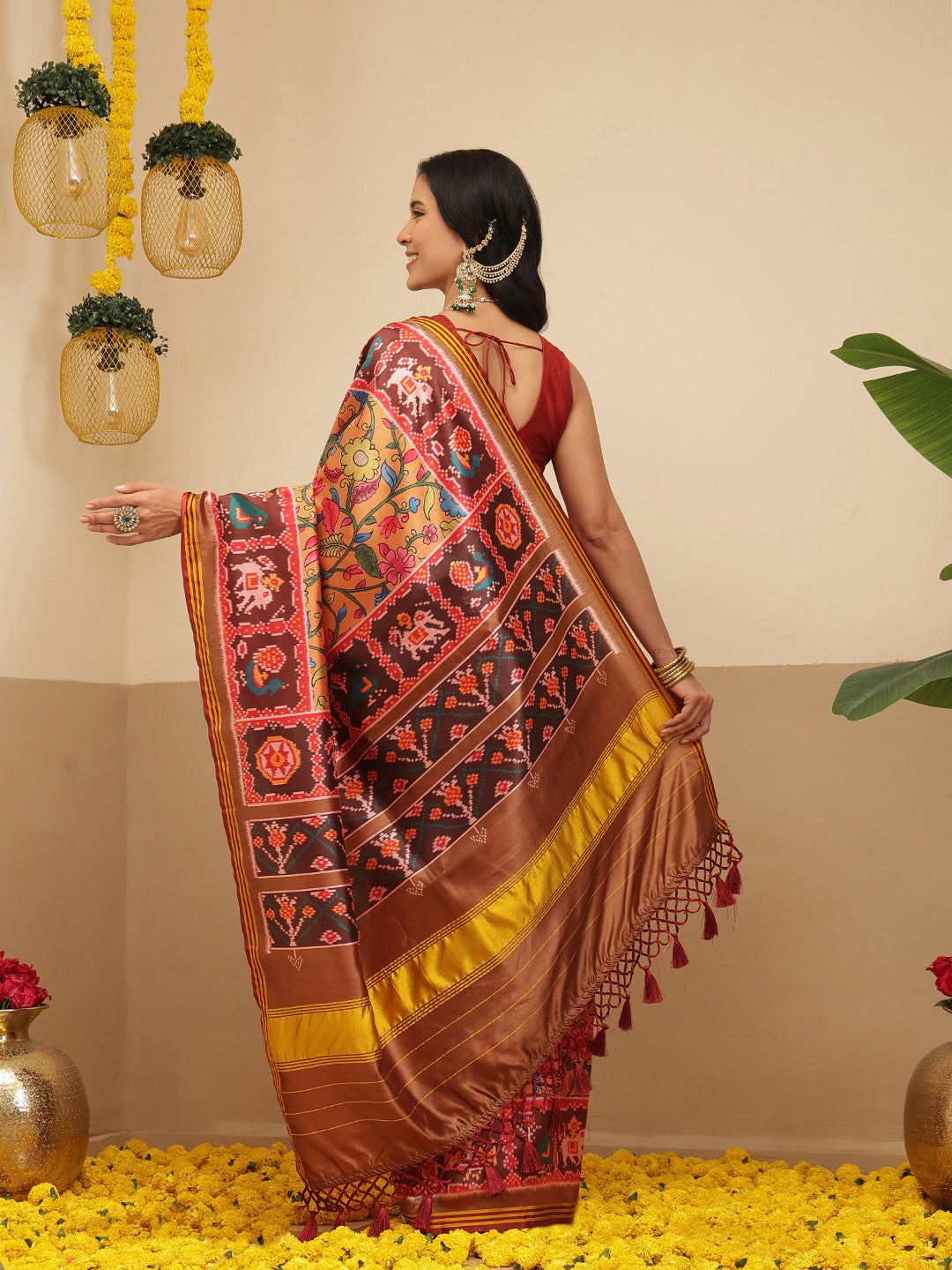 Digital Printed Kalamkari Patola Saree for Women with Lagdi Patta Pallu and Handmade Tassel