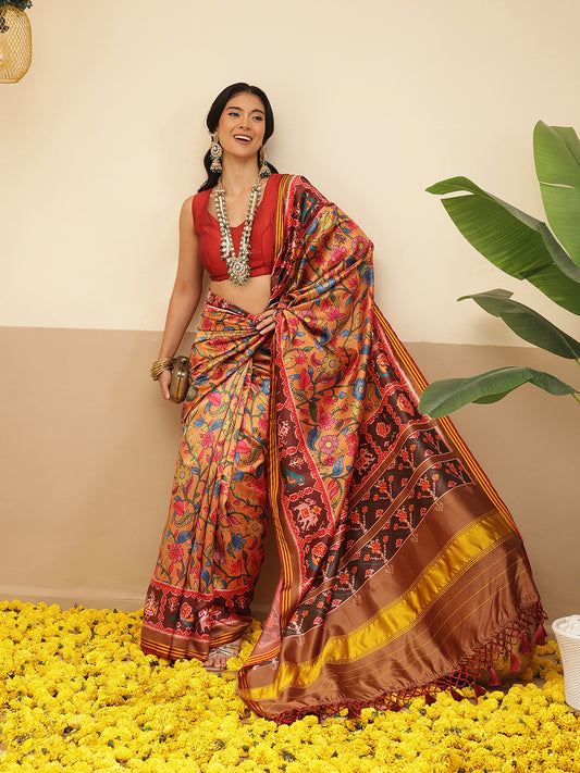 Digital Printed Kalamkari Patola Saree for Women with Lagdi Patta Pallu and Handmade Tassel